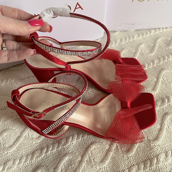 NEW! Top Moda Red Agatha Bow Style Rhinestone Ankle Strap Women’s 6.5 - Picture 2 of 16